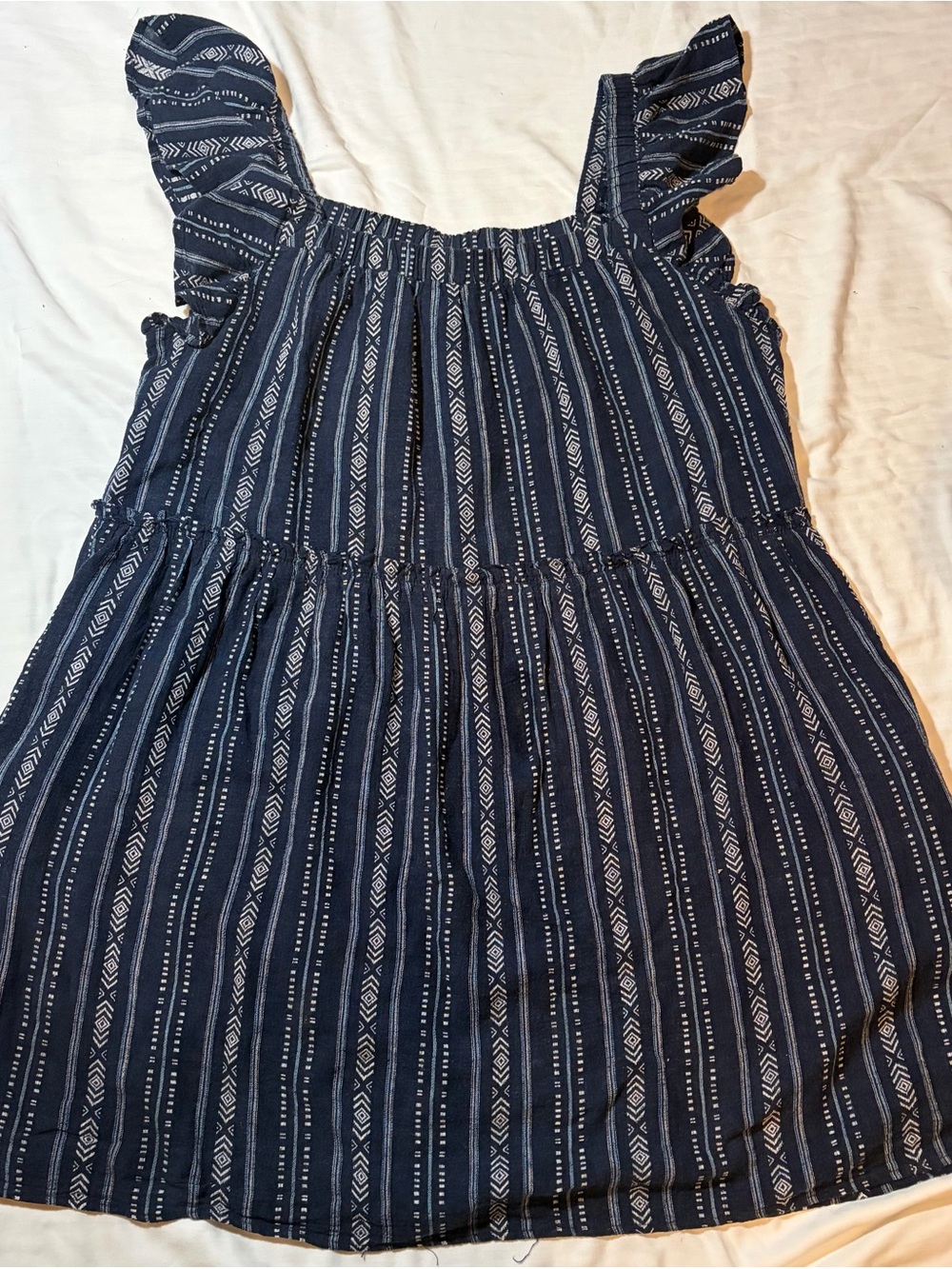 Time and Tru Navy Blue Striped Ruffle-Shoulder Dress